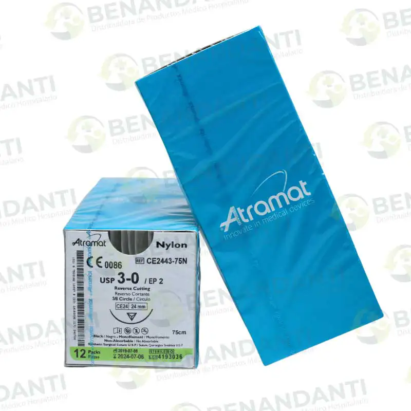 SUTURAS NYLON # 3-0, 75 CM CE-24 REV CORT ATRAMAT
